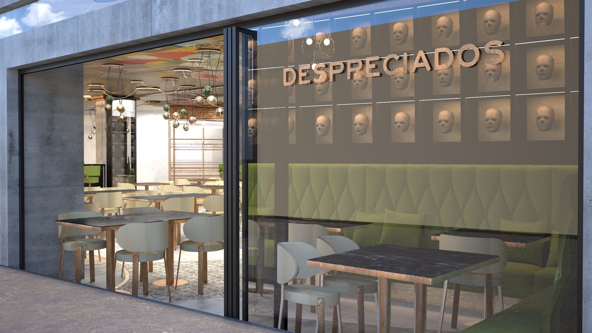 Render planta baja local 2 — interiorismo comercial diseñado y fabricado por Reclamo Design en Tenerife