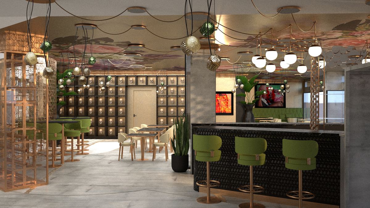 Render planta baja local — interiorismo comercial diseñado y fabricado por Reclamo Design en Tenerife
