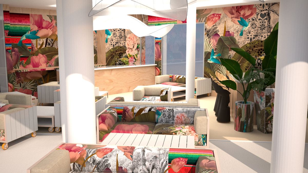 Render planta primera local 2 — interiorismo comercial diseñado y fabricado por Reclamo Design en Tenerife