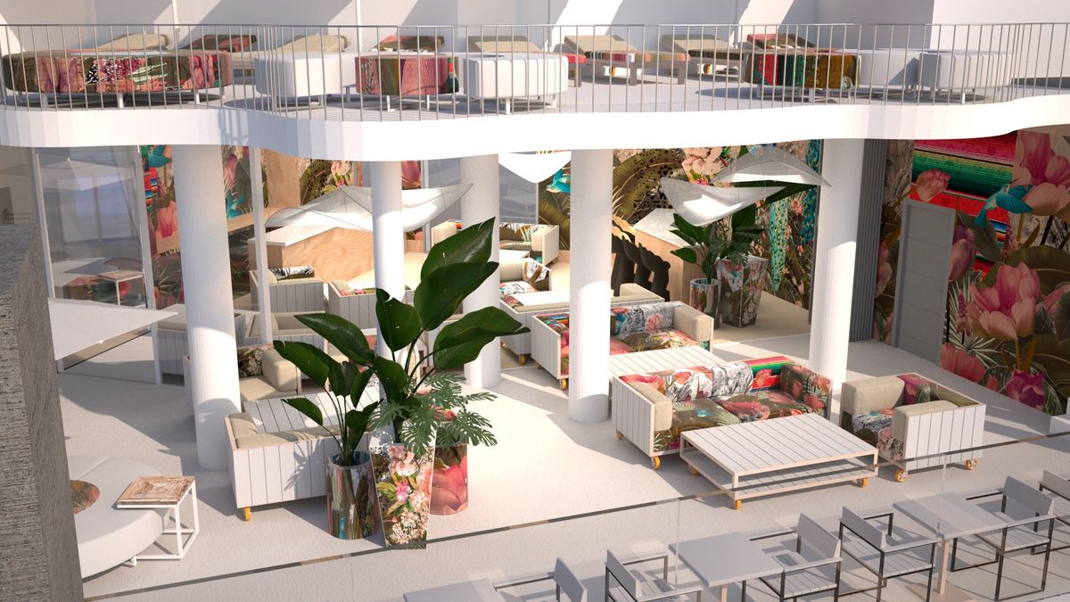 Render planta primera local — interiorismo comercial diseñado y fabricado por Reclamo Design en Tenerife