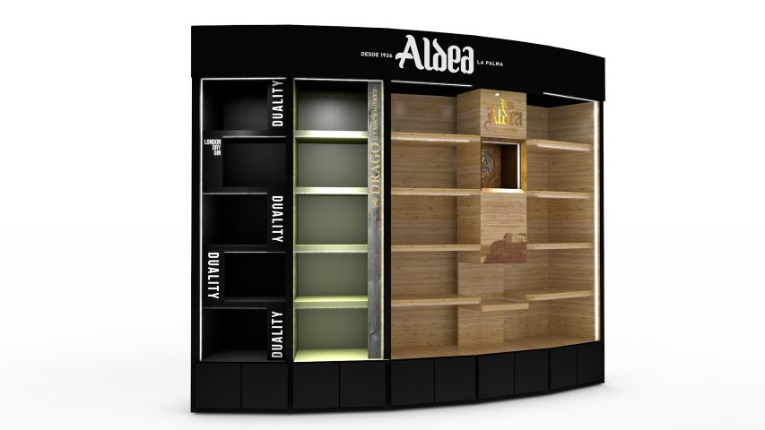 Expositor Aldea — mobiliario comercial diseñado y fabricado por Reclamo Design en Tenerife