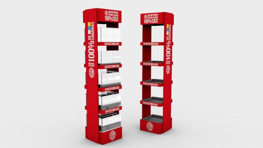 Expositor Dino Express — mobiliario comercial diseñado y fabricado por Reclamo Design en Tenerife